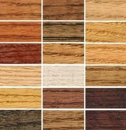 Grid of wood stain colour swatches across different timber tones