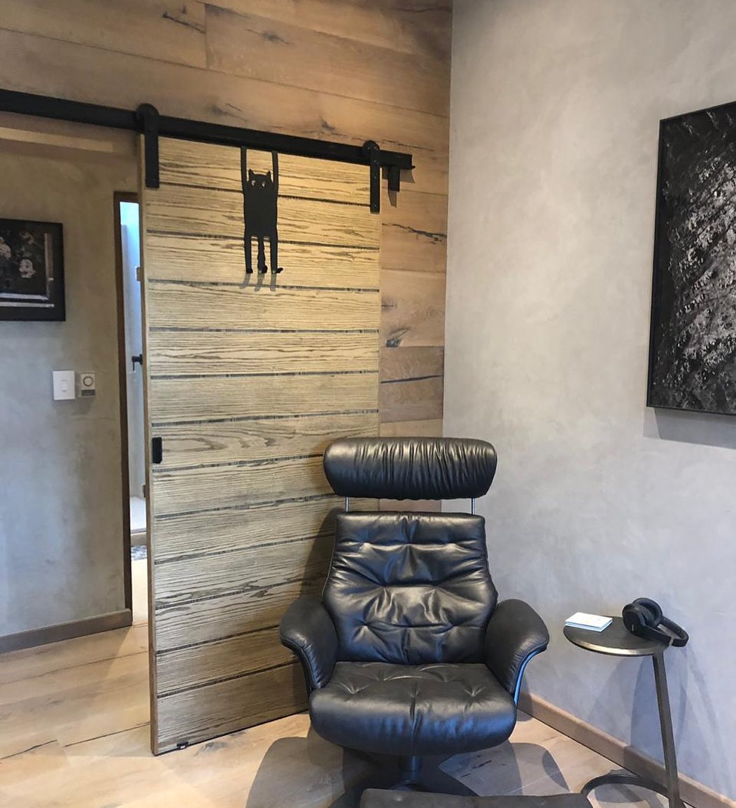 Sliding oak barn door with a black cat silhouette cutout, interior corridor