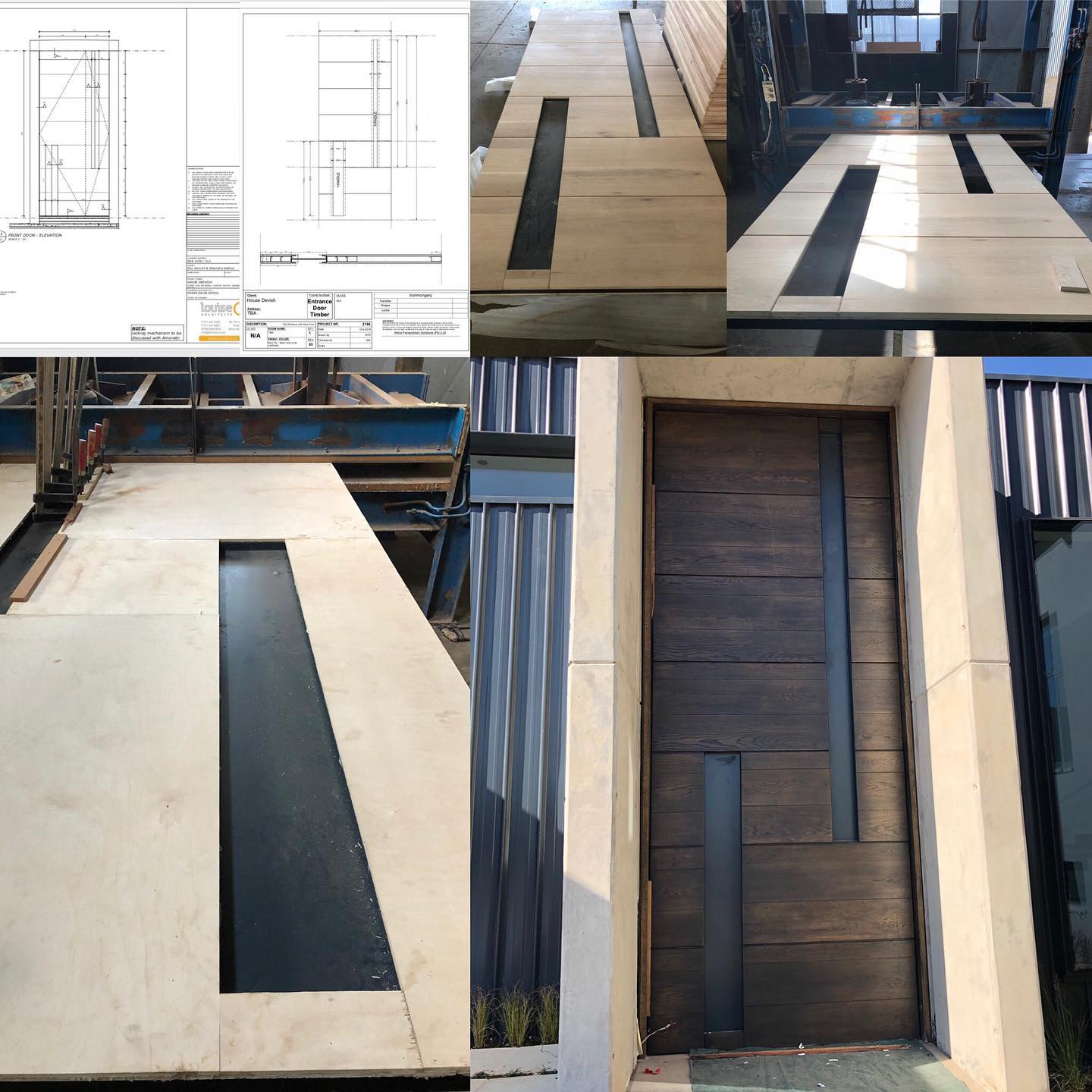 Four-panel process view: architect's drawing, workshop milling, and the finished dark timber pivot door