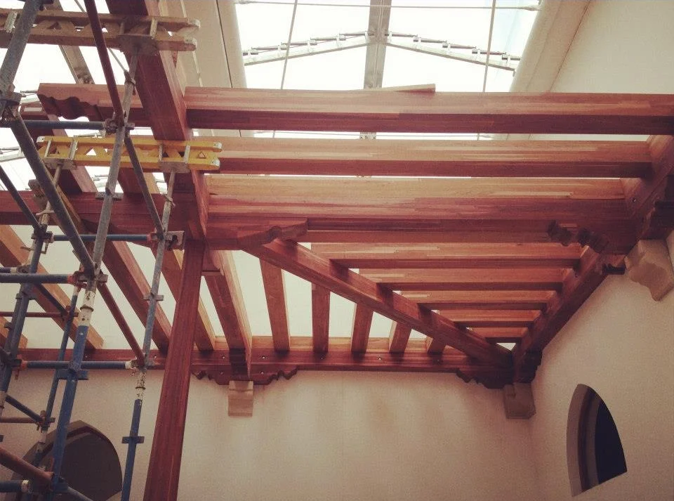 Teak pergola joinery under construction at Houghton Mosque